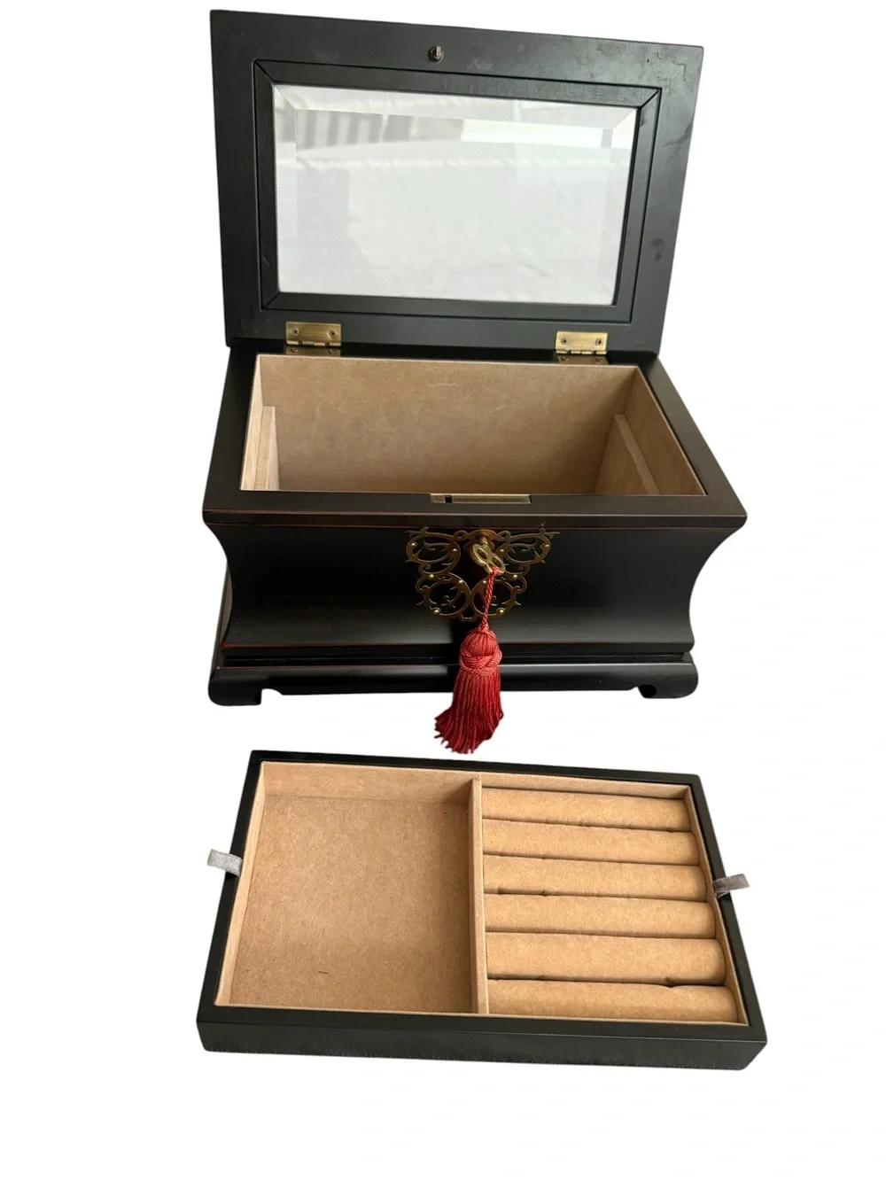 Vintage Asian Black Lacquer Wooden Jewelry Box Glass Top Key Tassel Brass